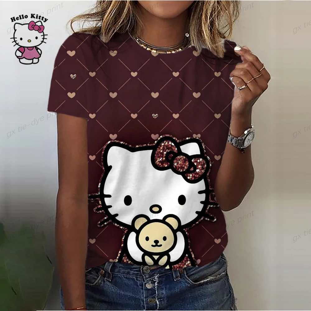 

Women's Hello Kitty Clothes 2023 Spring Summer Tees Women New Short Sleeve T-shirt Y2k Cute Tops Korean Fashion Loose Tshirts