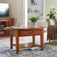 Haven Ridge One Drawer Solid Wood Oval Coffee Table with Shelf, Medium Oak Brown 1