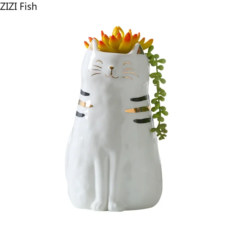Cute Ceramic Cat Flower Vase Ceramic Handicraft Ornaments Animal Sculpture Cartoon Cat Flower Arrangement Accessories Vases 6