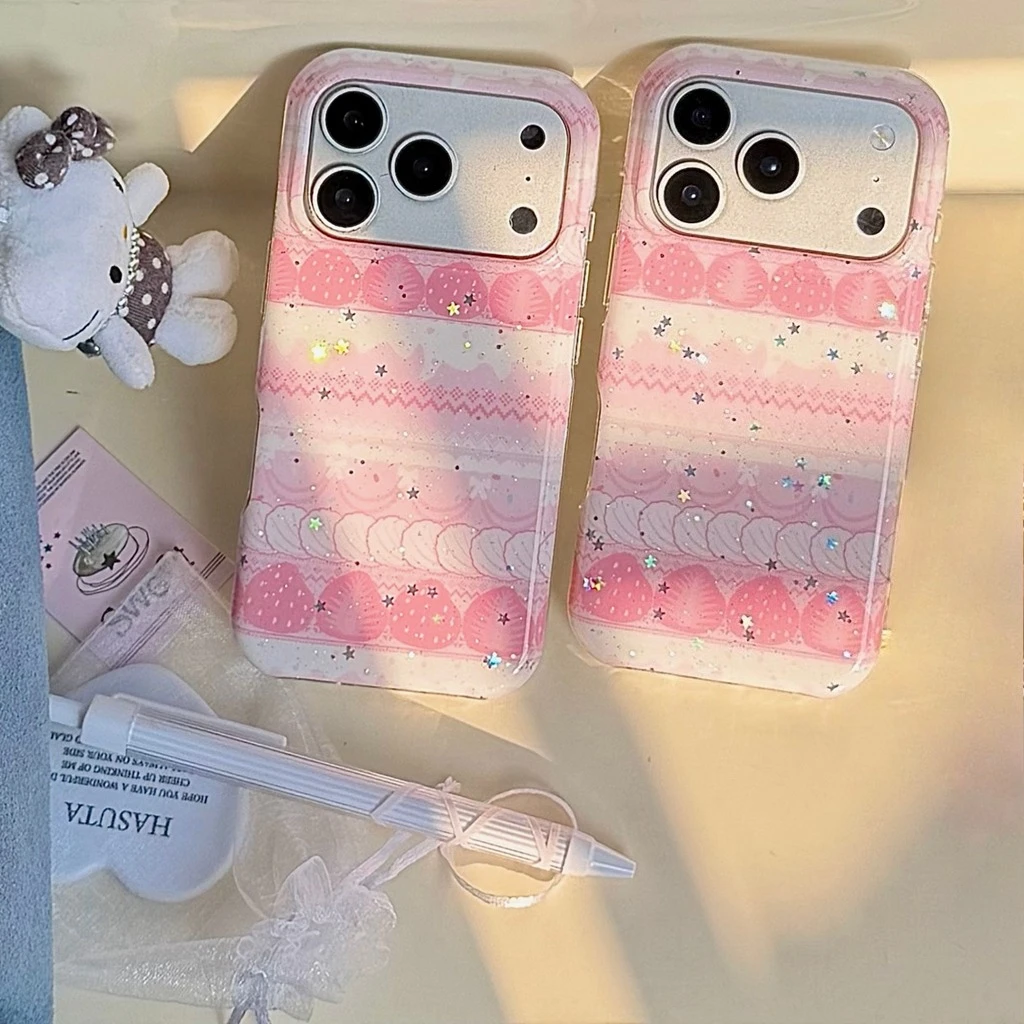 Charming Strawberry Star Glitter Shockproof Protective Phone Case - Pink Cream Edition