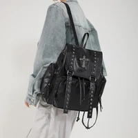 Women Fashion Backpack Multi Pocket Leather Student Laptop Shoulder Bag Punk Rivet Black Handbag For Rock Girls Travel Rucksack 2