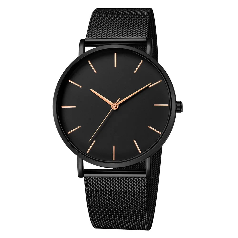 Elegant Men's Ultra Thin Quartz Watch - Black Stainless Steel Mesh, Waterproof Casual Sport Design