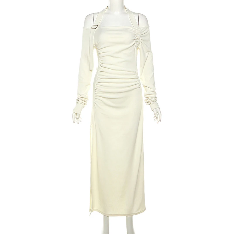 y2k Wasteland Dress Women Grunge Solid Color Long Sleeve High Split Halter Bodycon Dresses 2000s Party Dresses Clubwear