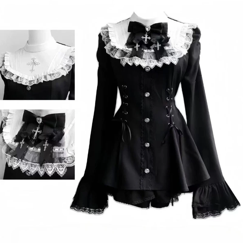 Japanese Y2K Aesthetics Vintage Bow Dress Shorts Set Women Gothic Lolita Style Long Sleeve Shirt Dress Elegant Party Dress Suits 5