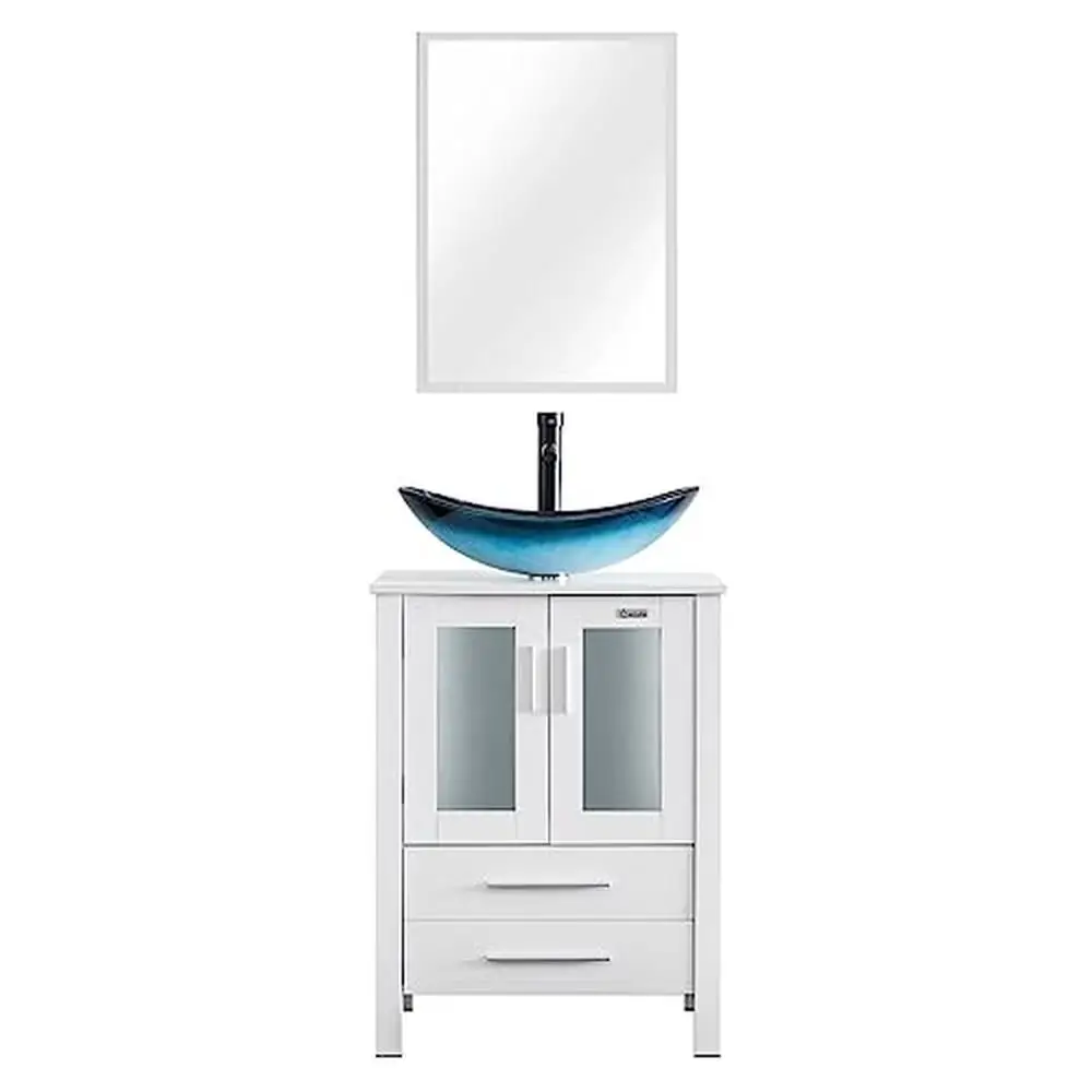 Description Picture 2 of item24" White Bathroom Vanity Stand Cabinet with Blue Boat Tempered Glass Sink & ORB Faucet Spacious Storage High Quality Material &