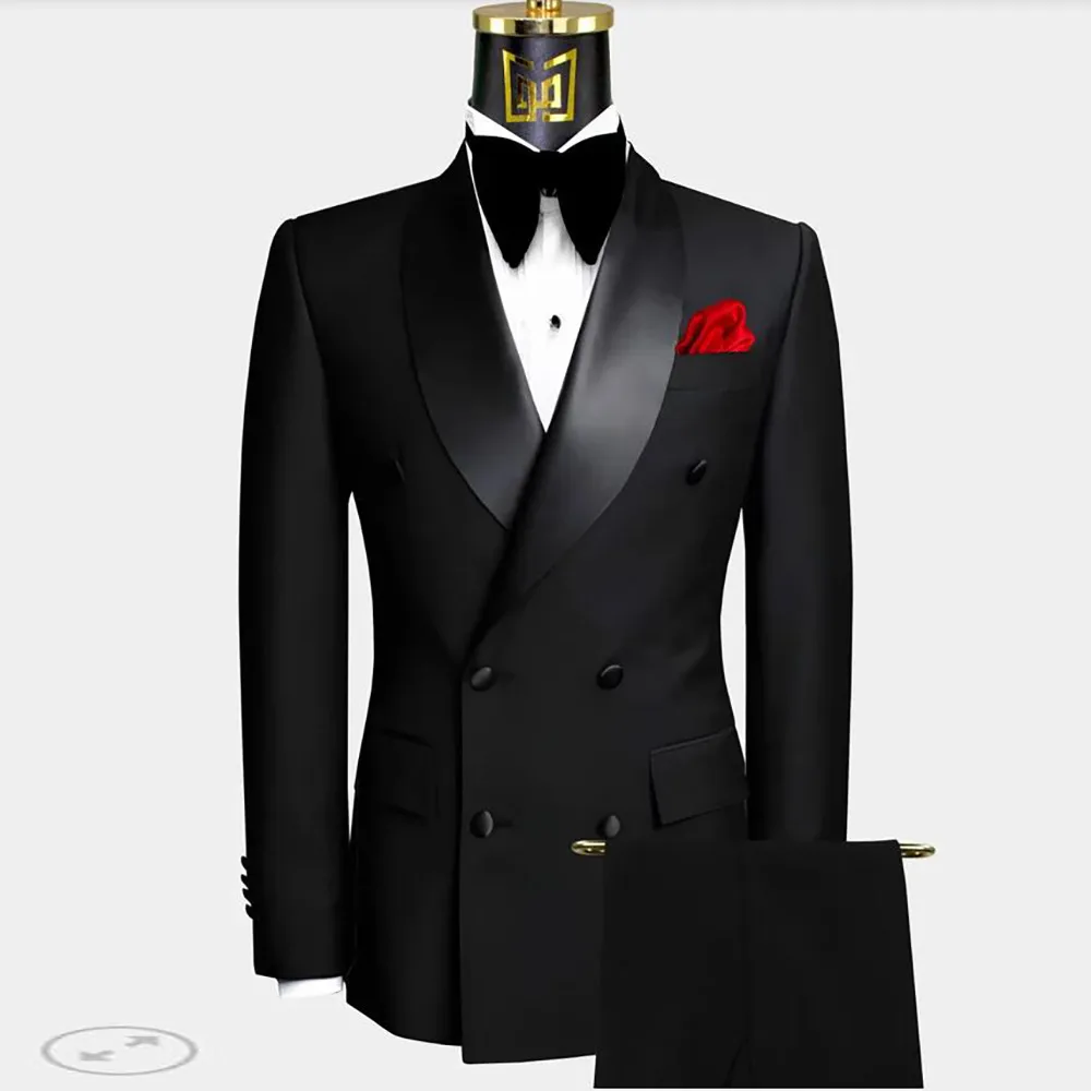Black Groom Tuxedo 2 Pieces Men Suits For Wedding Double Breasted Jacket Pants Business Office Outfit Prom Blazer ropa hombre