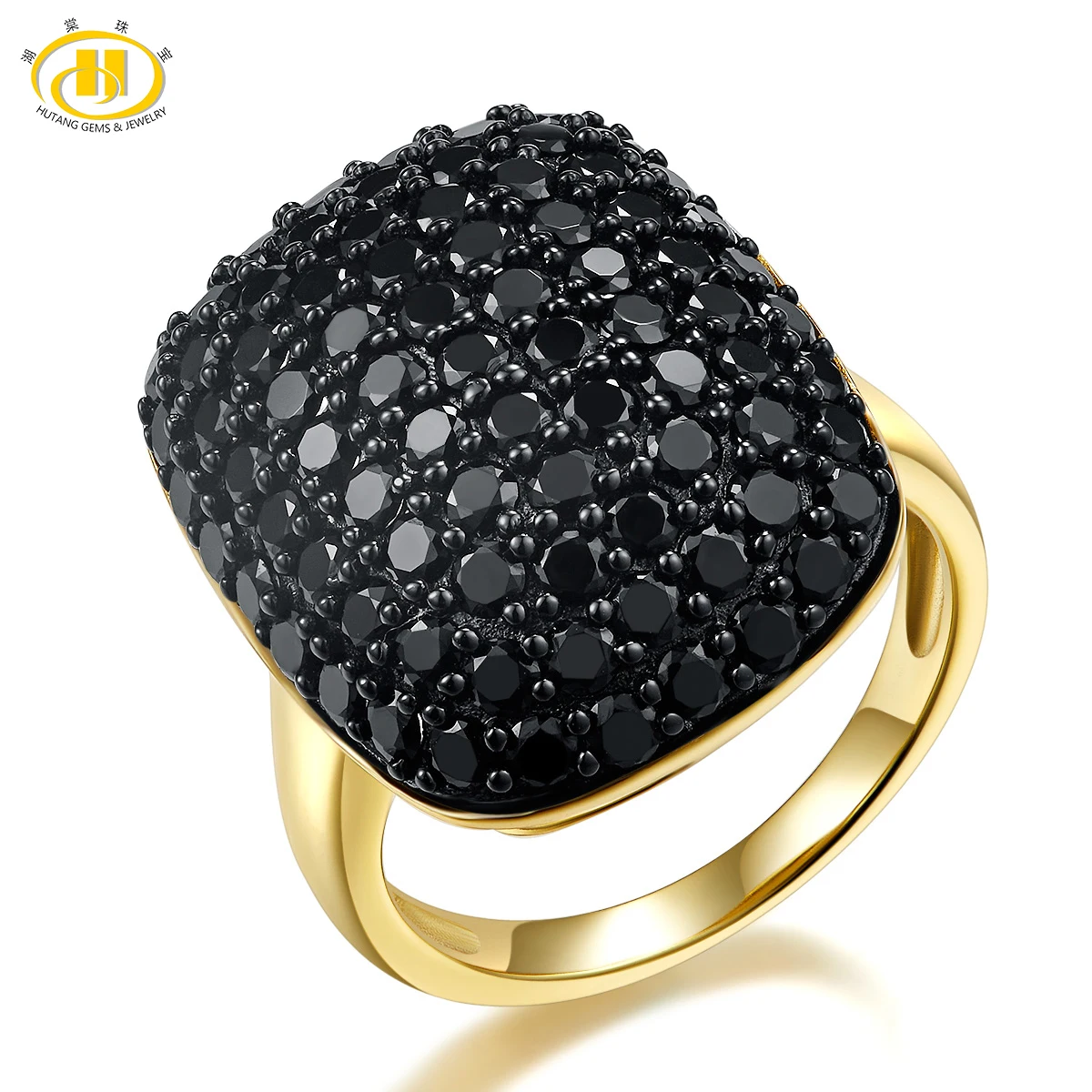 

HUTANG Yellow Gold Color Women's Cluster Ring Natural Gemstone Black Spinel 925 Sterling Silver Rings Fine Elegant Jewelry Gift