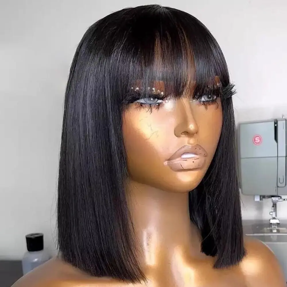 

Short Straight Bob Human Hair Wigs With Bangs Full Machine Made Wigs For Black Women Glueless Fringe Wig Brazilian Cheap Wigs