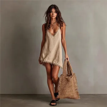Shoulderless Strapless Beach Vacation Dress Summer Women's New Fashion Linen Blend Sexy V-neck Loose Mini Dress Платье Женское 1