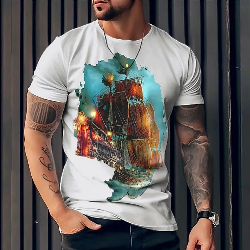 

Vintage T-Shirts For Men 3d Pirate Ship Printed Short Sleeved Loose Oversized Tops Tees Casual Clothing Street Designer Tshirts