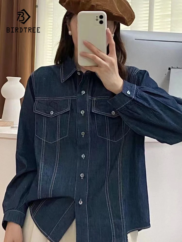 

New Autumn Cotton Denim Shirts Women Lapel Collar Retro Tops Girl Long Sleeve Loose Blouses With Pocket Commute Spring T39416QC