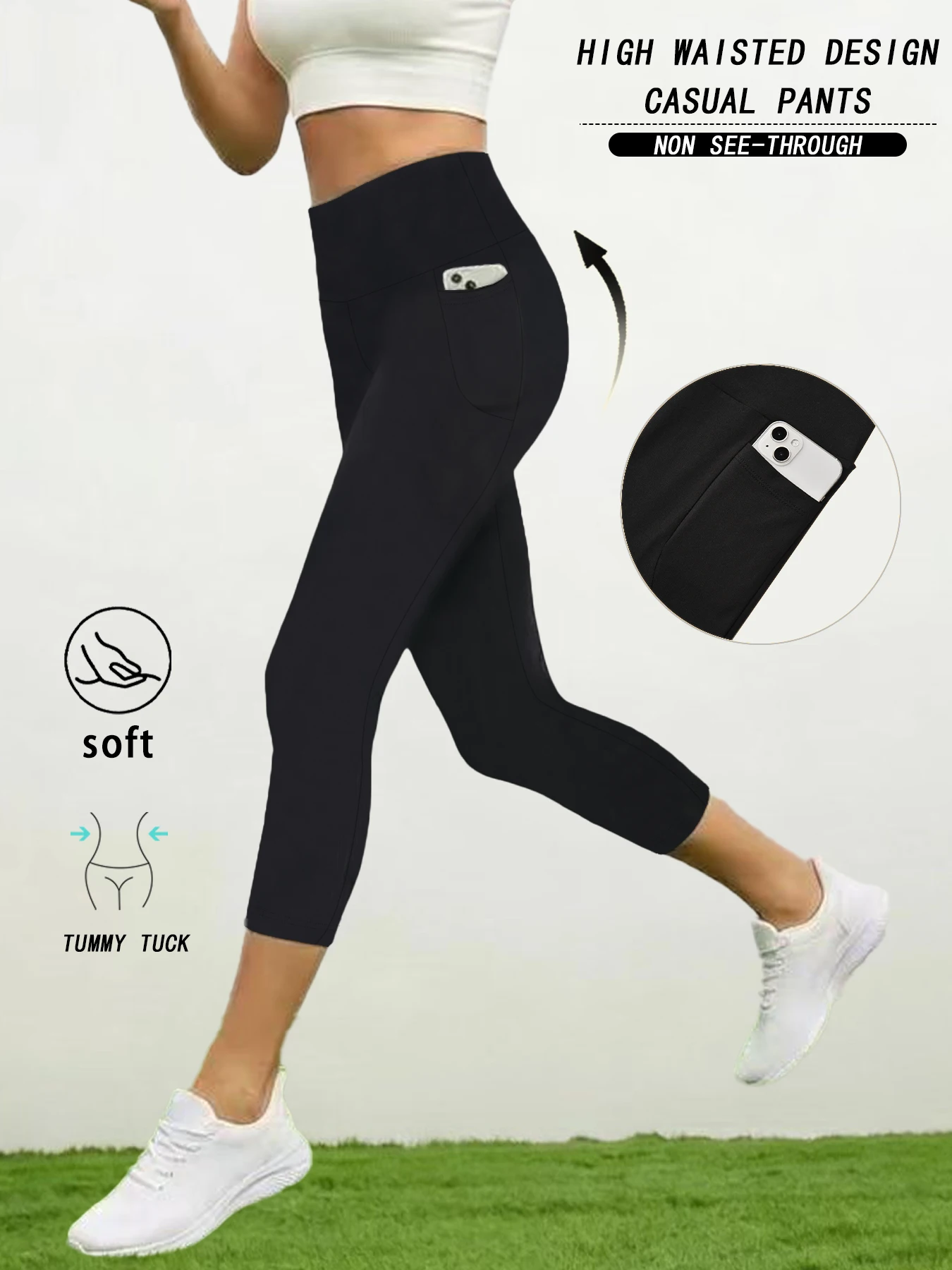Women's High-Waisted Capri Yoga Pants with Pockets - Super Soft, Tummy Control, 5-Inch Length