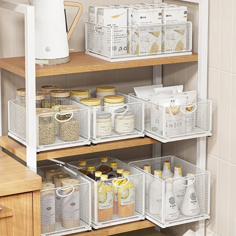 Kitchen Storage Drawer Cabinet Under Sink Pull Out Basket with Rail Space-saving Bottle Can Jar Organizer Household Supplies