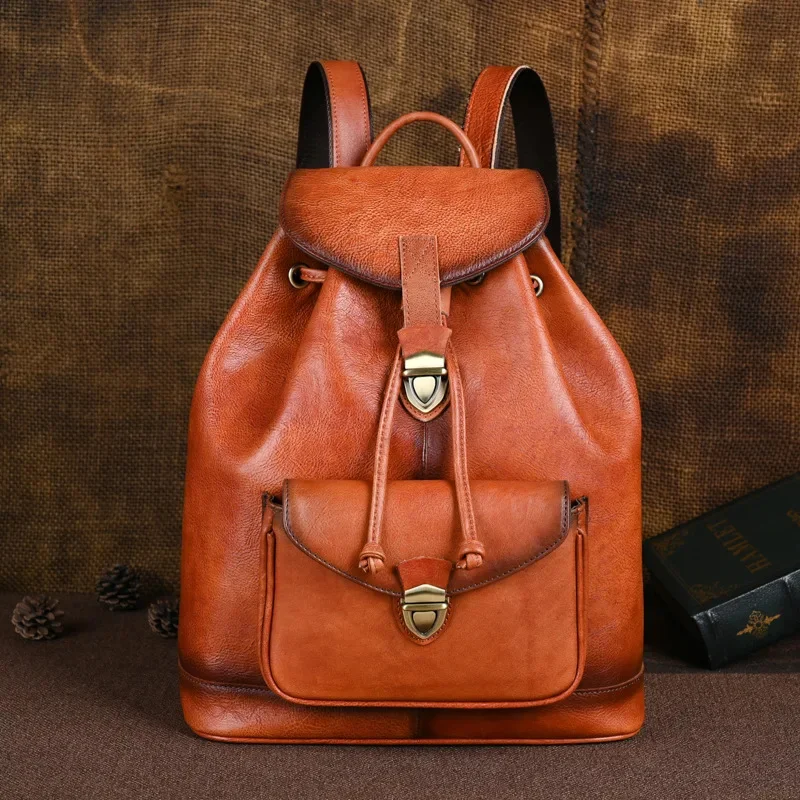 

Vintage Women Original Leather Backpack Luxury Cowhide School Bag For Girls Anti-theft Feminina Travel