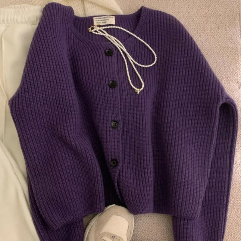 

2023 Spring Autumn Winter Purple High Grade Wide Super Showing Temperament Loose and Lazy Soft and Glutinous Round Neck