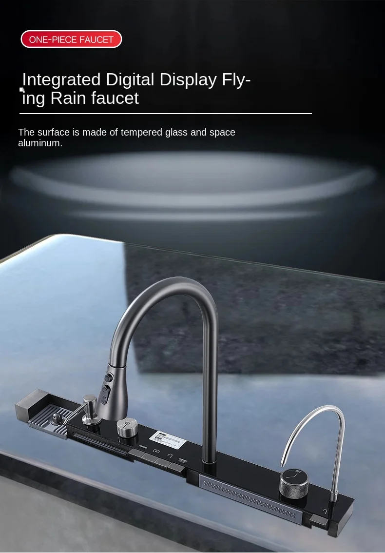 304 Stainless Steel Waterfall Kitchen Sink Large Single Slot Integrated Digital Display Faucet Set Soap Dispenser Cup Washer 6