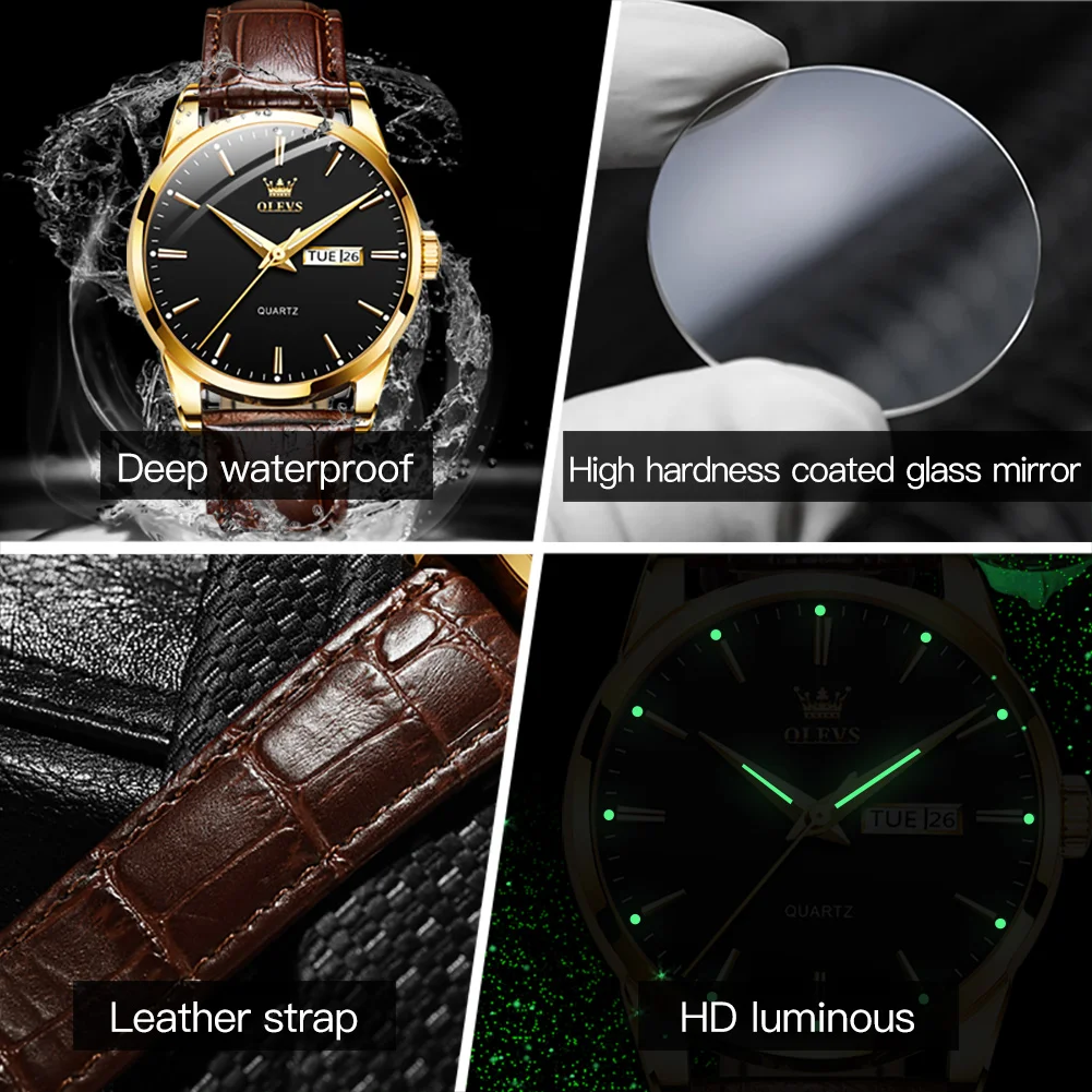 OLEVS 6898 Watch For Men Simple Week Calendar Display Quartz Leather Wristwatch Original 30M Waterproof Luminous Man Dress Watch