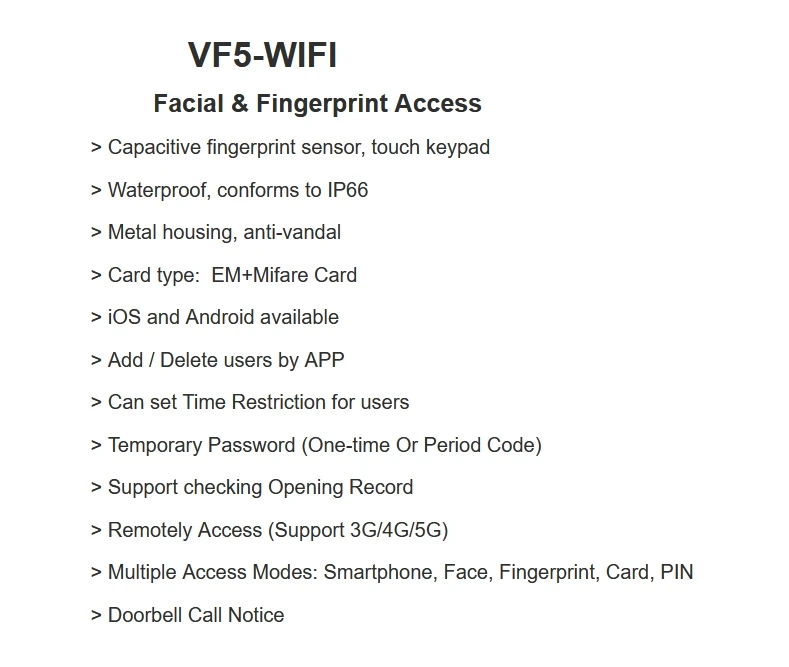 Tuya APP WIFI Face Wiegand 26-34 Recognition Fingerprint 125KHZ 13.56MHZ RFID D