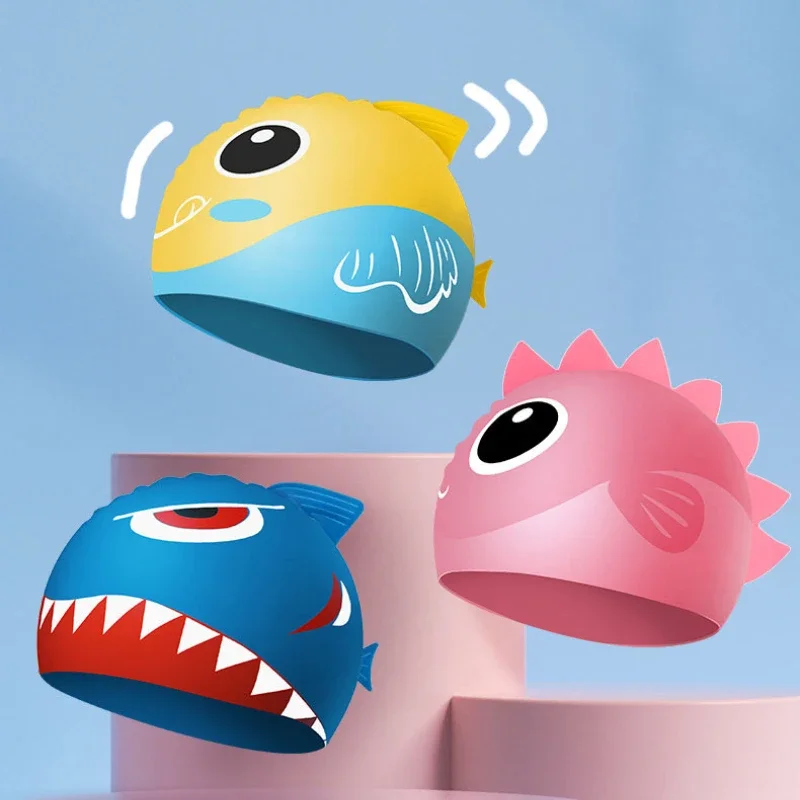 Cartoon Cute Fish Shark Shape Silicone Swimming Cap for Children Protect Ears Swim Hat for Boys Girls Swimming Pool Accessories 2