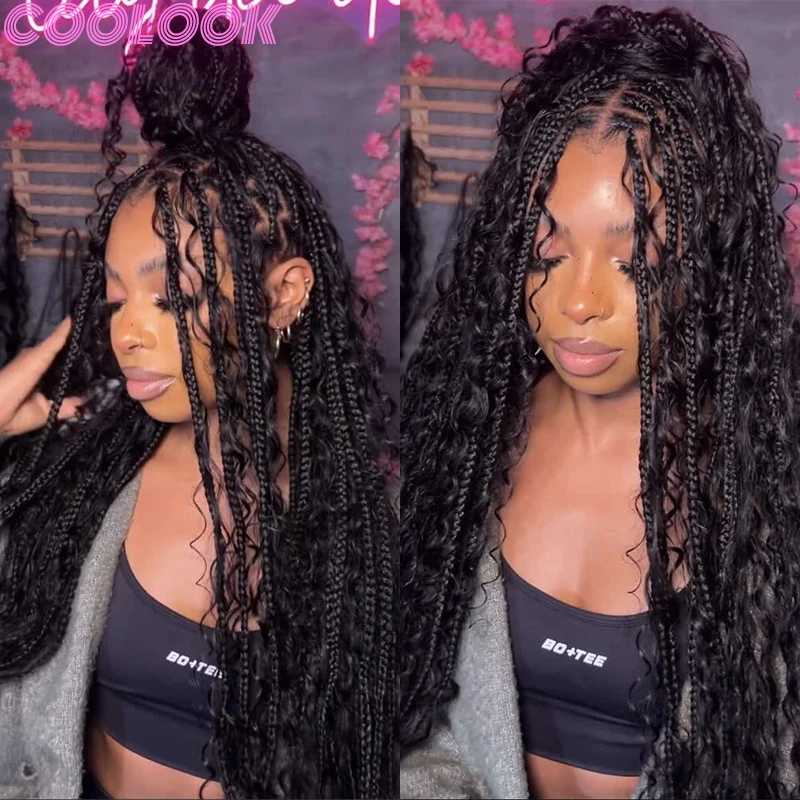 Synthetic Box Braided Full Lace Wigs 32'' Bohemian Goddess Square Part Braid Lace Front Wig Dark Brown Braids Wig with Curly End