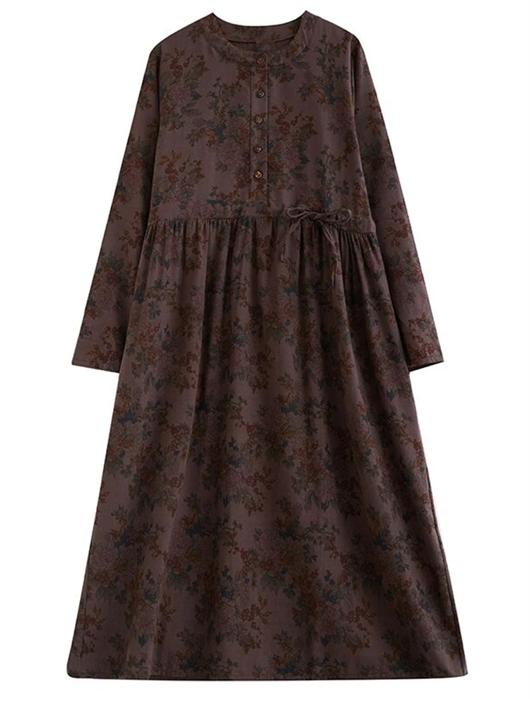 Autumn Cotton Long Sleeve Print Vintage Dresses For Women 2025 New Casual Dress Femme Robe Office Lady Work Elegant Clothing