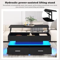 Table basse hydraulique, avec éclairage LED, contrôle par application Bluetooth, 2 tiroirs et rangement ouvert, table basse relevable, 100*50*44 cm 5