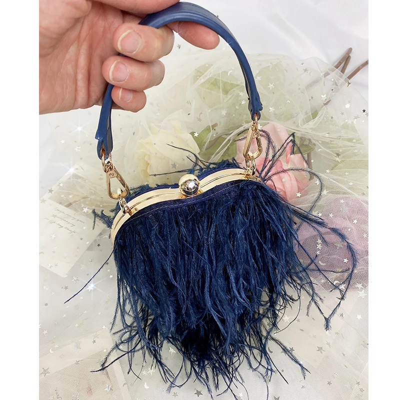 Ostrich Feather Heart Shaped Party Clutch Evening Bag for Women Luxury Banquet Bag Female Purses and Handbags Chain Shoulder Bag