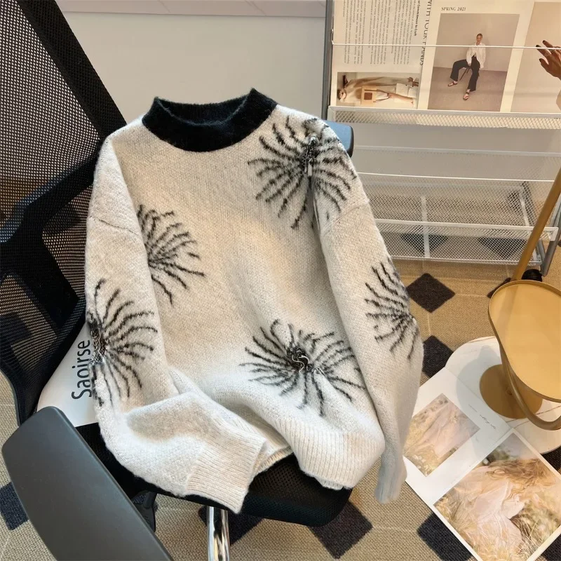 

Loose Casual Women's Sweaters Cashmere Pullover Autumn/Winter Korean Clothing Long Sleeve Floral O-Neck Knitwear Jumpers