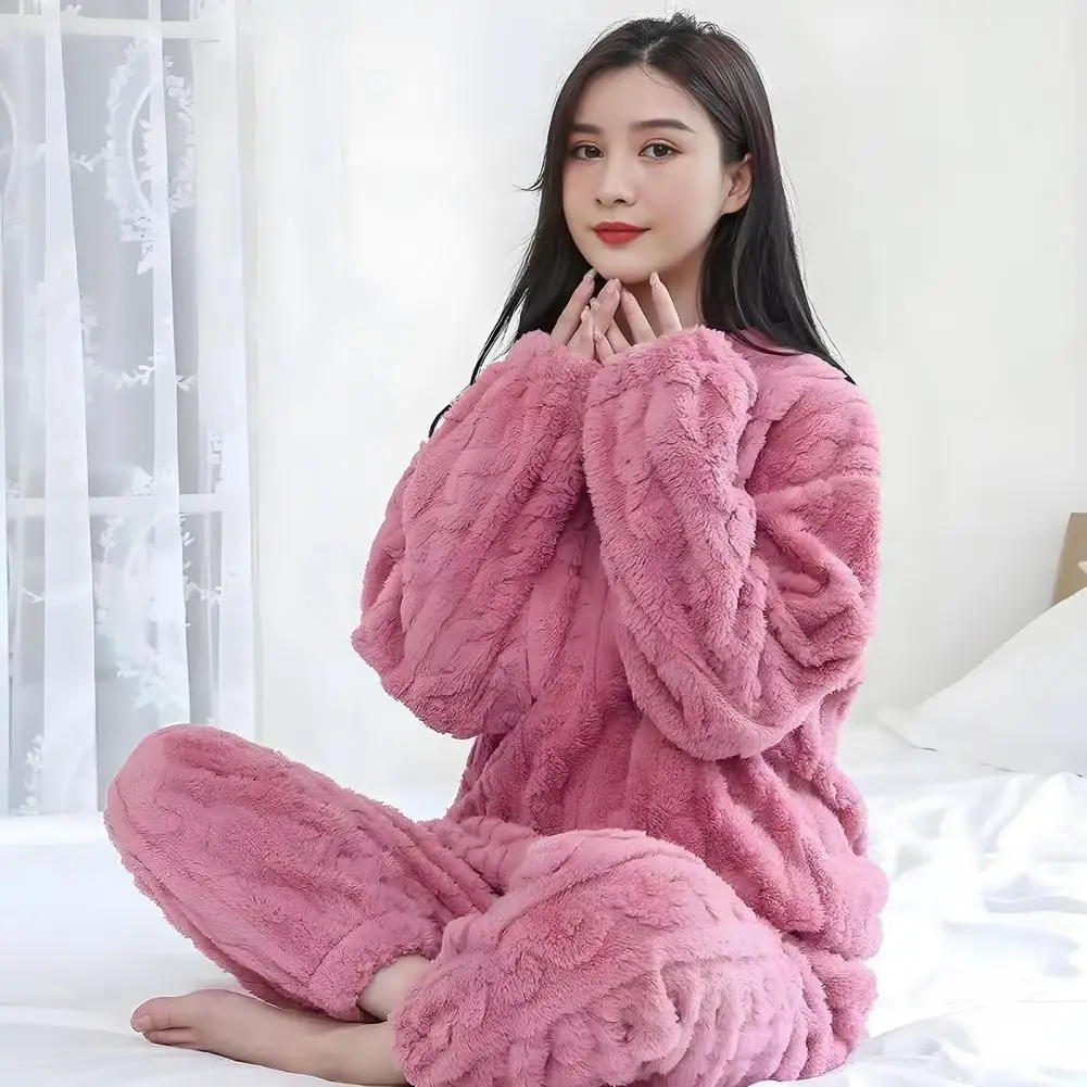 Couple Autumn Women Solid Warm 2 Piece Sets Thicken Velvet Ribbed Fleece Set Pullover And Pants Women Casual Pajama Sets