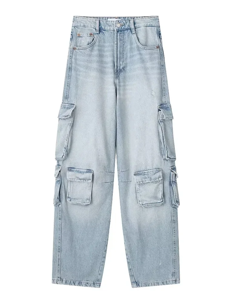 

Женские модные джинсы-карго ZADATA с накладными карманами, женские брюки на молнии со средней талией в стиле ретро