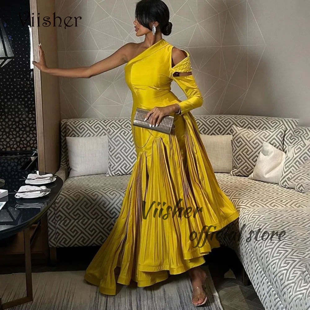 

Viisher Gold Satin Mermaid Evening Dresses One Shoulder Pleats Tight Long Formal Dress Dubai Arabic Prom Party Gowns