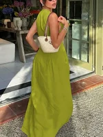 UOOZEE Office Lady Commute Pleated A-line Dress 2025 New Summer Fashion Solid Color Sleeveless Zipper Evening Maxi Dresses - Image 2