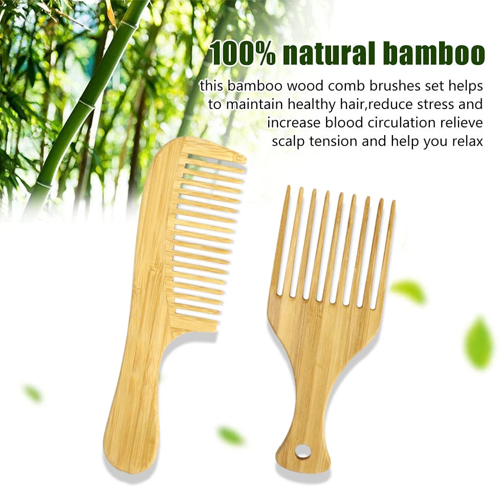 

Accept Logo Customization Natural Bamboo Wooden Hair Comb Set Anti-Static Afro Fork Combs For Women Round Wide Teeth Wood Comb