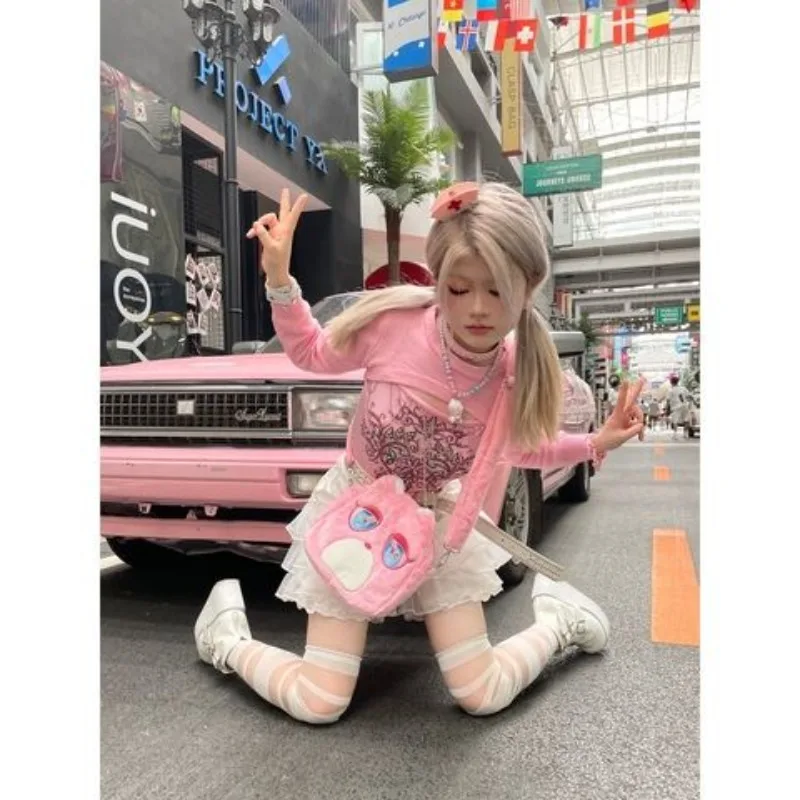 Xiuya Pink Womens Shoulder Bag Cartoon Embroidery Harajuku Fashion Y2k Crossbody Bag Cute Bear Casual Plush Soft Female Handbag