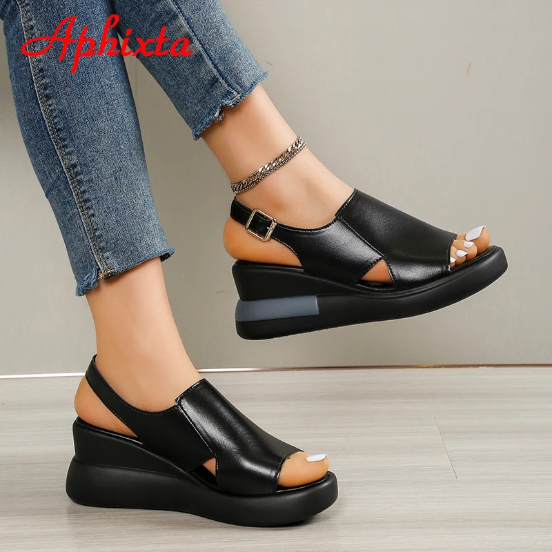 Aphixta 2025 Wedge Sandals Peep Toe Buckle Shoes Woman Platform Ankle Strap Fashion Cool Summer Super High Heel Shoes