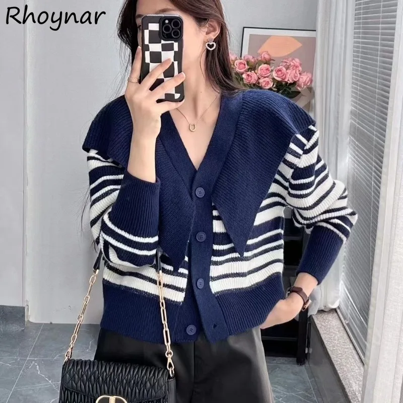

Chic Striped Big Sailor Collar Knitted Cardigan Women Fashion Young Sweet All-match Popular Soft Loose Leisure Autumn Tops Girls