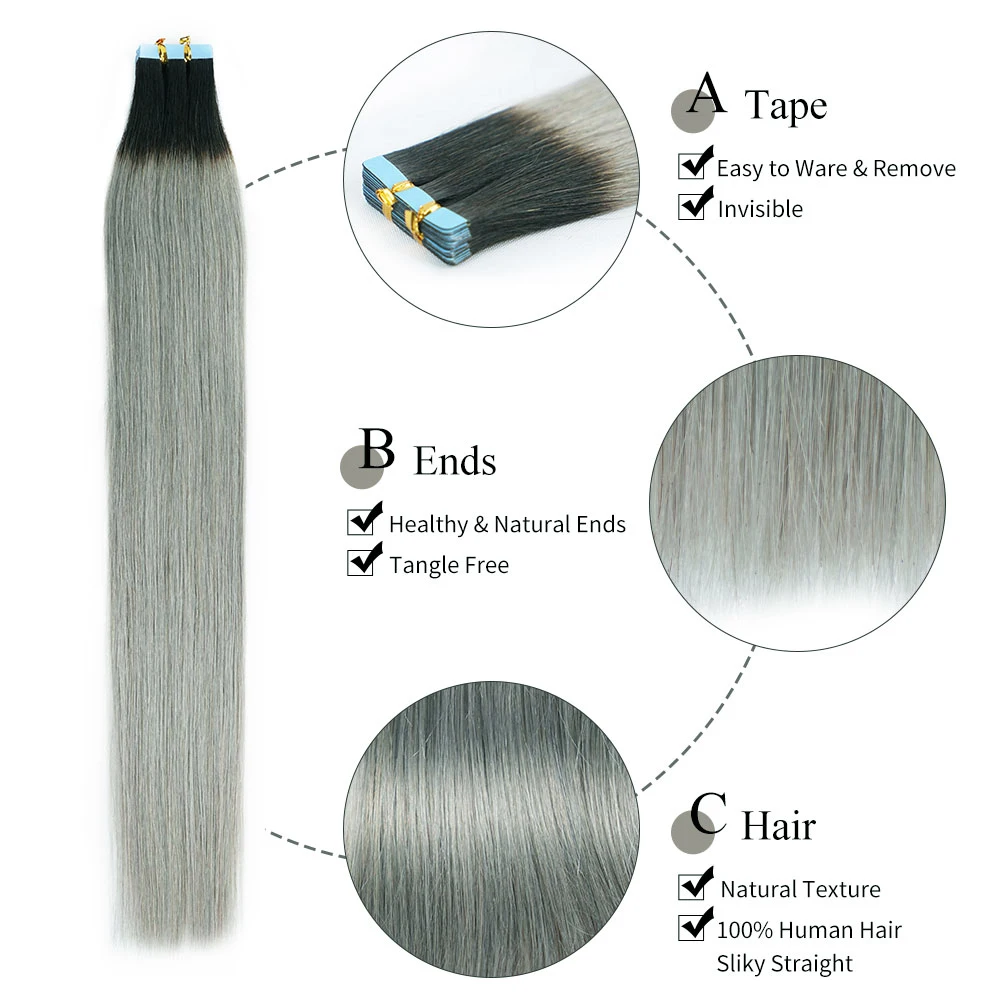 Balayage Ombre T1B-Grey Color Tape in Extensions Human Hair Machine Remy Skin Weft Natural Hair Extensions 50G