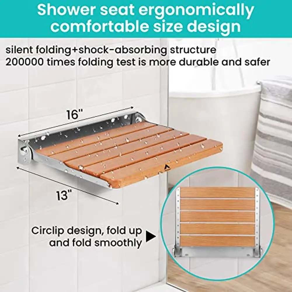 Wall Mounted Foldable Teak Shower Seat Bench Home Care Waterproof Non-Slip Space-Saving Easy Installation 440lbs Capacity 5
