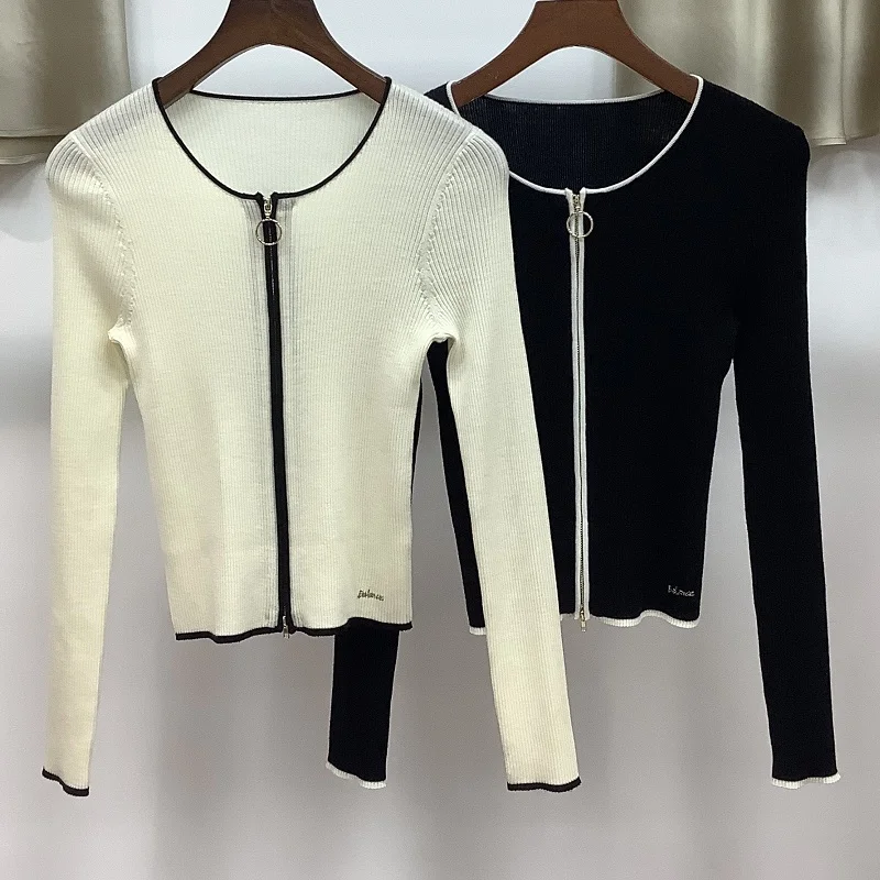 

100%Wool Knitted Cardigan Sweaters 2023 Autumn Winter Knitted Tops Coat Ladies Front Zip Long Sleeve Casual Beige Black Cardigan