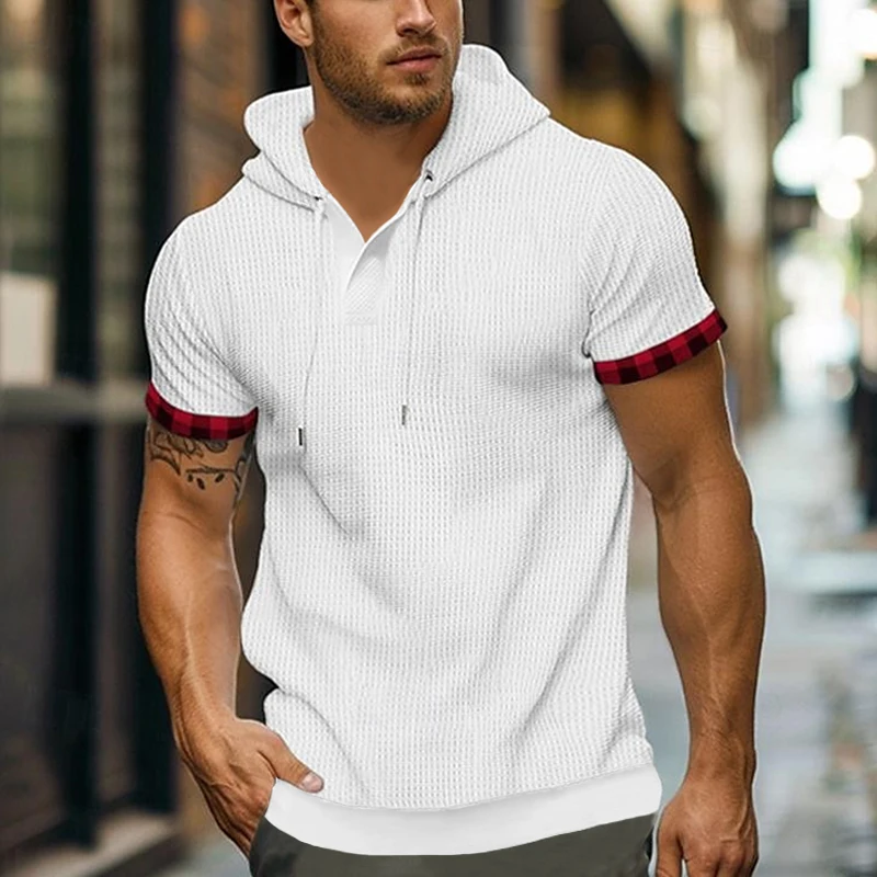 

2024 Summer Cross border Trend Short sleeved Men's T-shirt, Casual Fashion Waffle Solid Color Casual Hooded Men's T-shirt
