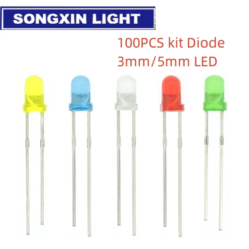 LED Light Kit 3mm 5mm 100pcs Assorted White Yellow Red Green Blue DIY LEDs Set