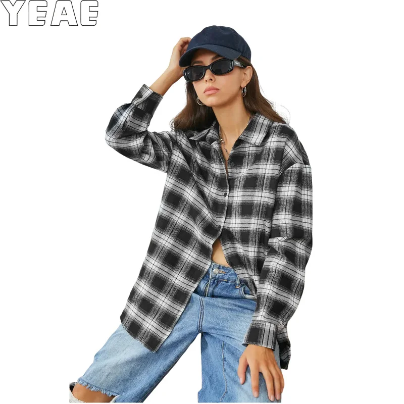 YEAE Black and White Double Spelling Plaid Women's Long-sleeved Shirt CasualFashion Loose Women'sPlaid Shirt Tops Hundred Models