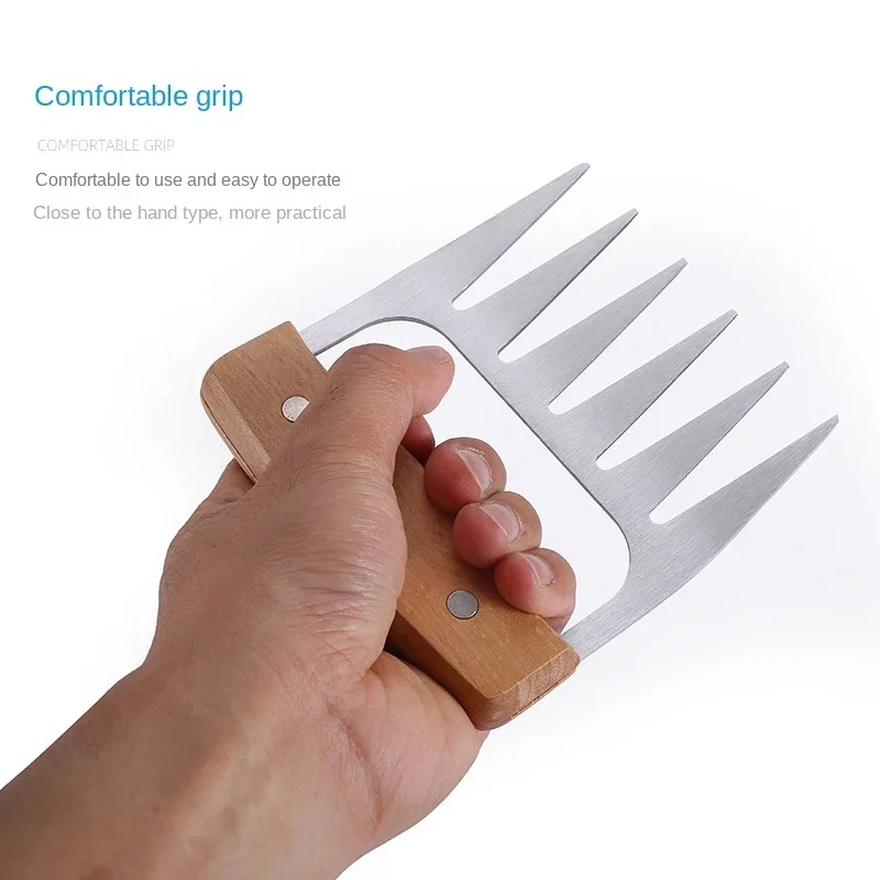 Stainless Steel Meat Divider with Wooden Handle,Bear Claw Fork BBQ Barbecue meat divider Multifunctional Meat Divider