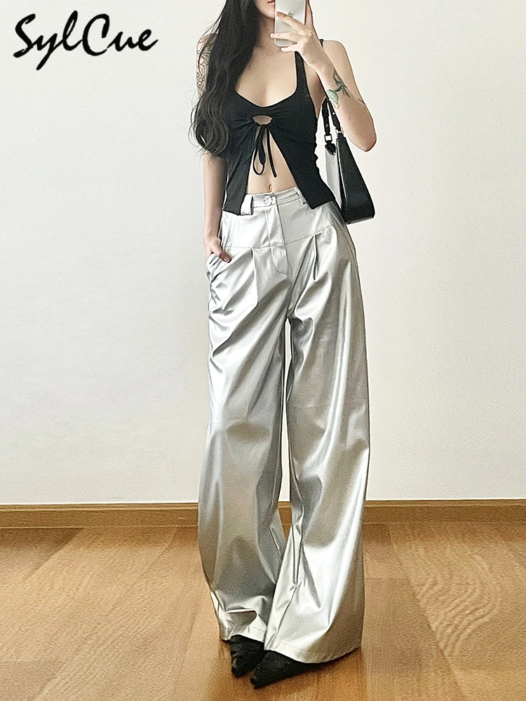 Sylcue Silver Retro Matte Trendy Personalized All-match Casual High Street Cool Confident Casual Women's Autumn Wide Leg Pants