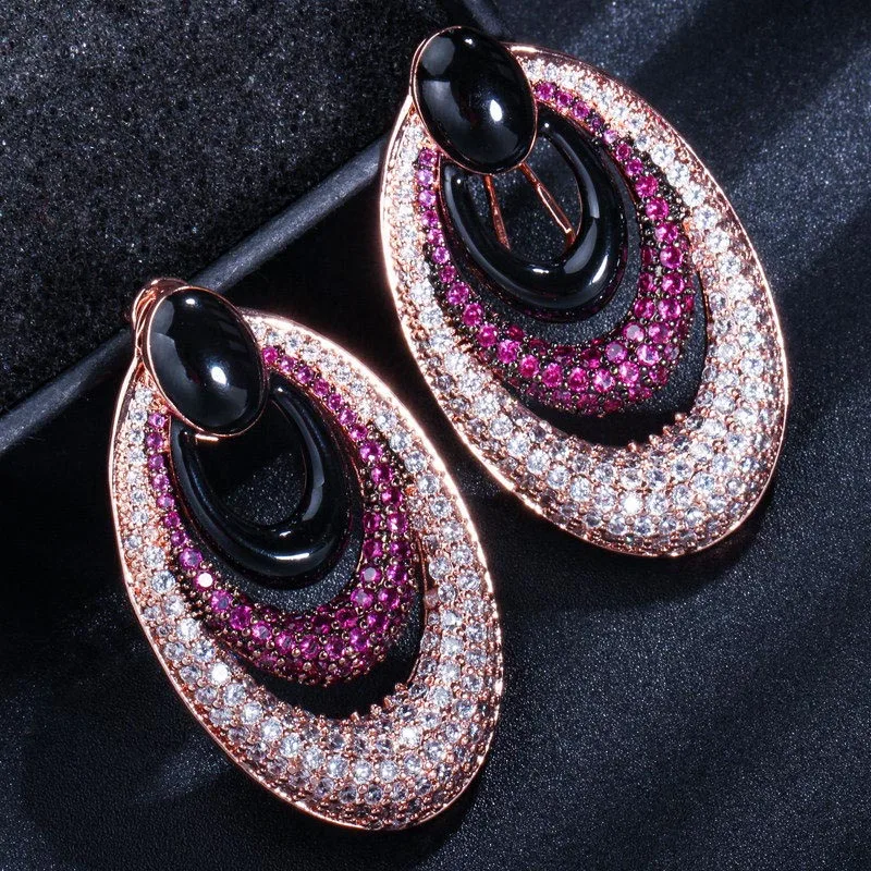 ThreeGraces Nigerian Luxury Brand Micro Pave Cubic Zirconia Rose Glod Color Big Round Dangle Earrings Jewelry for Women ER025