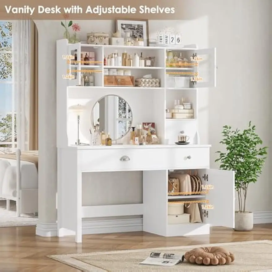 Computer Desk with Hutch, White Desk with Drawers and Power Outlet, Study Desk, Writing Desk with 3 Doors and 3 Drawers, Combina 5