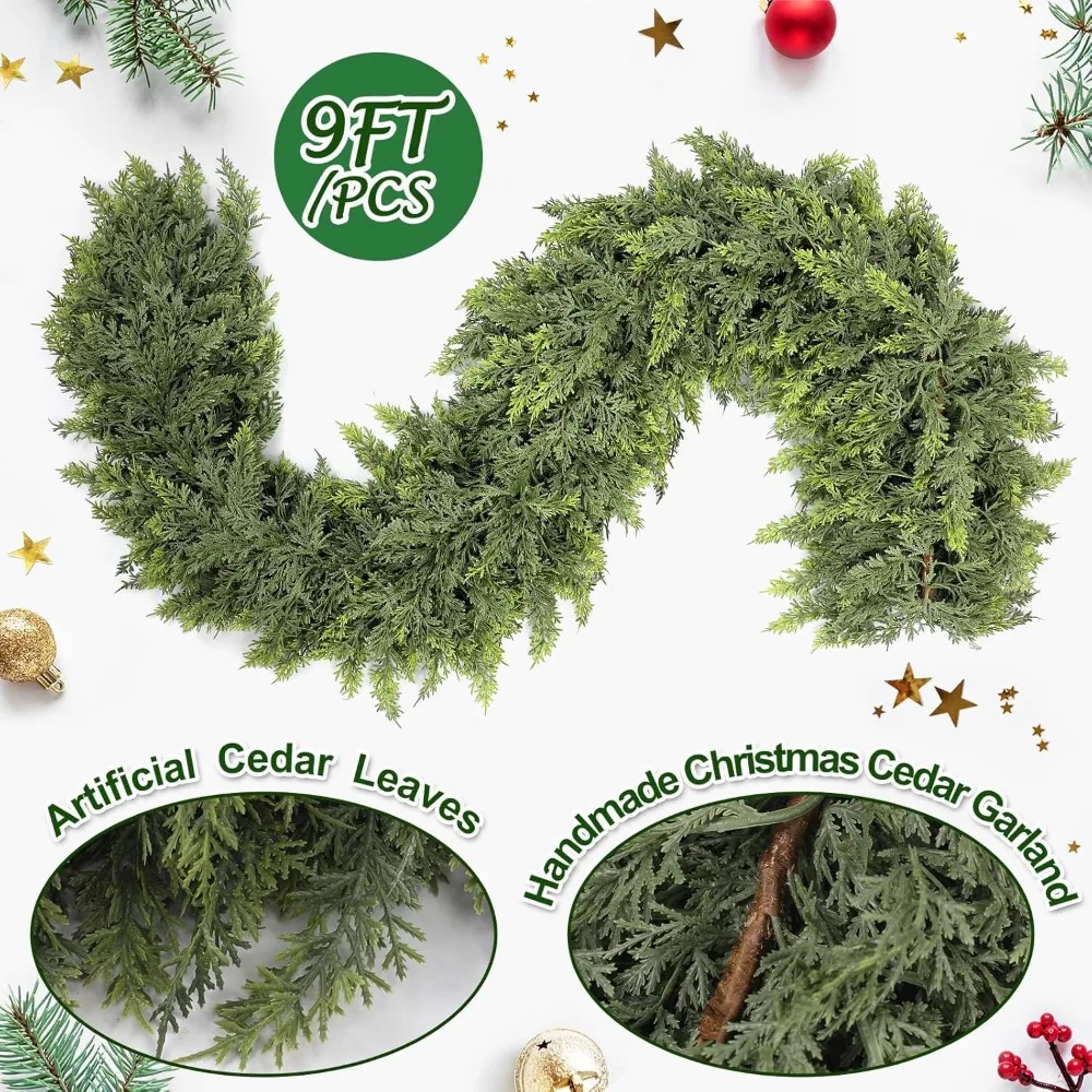 2 Pcs 9ft Christmas Cedar Garland Artificial Green Cedar Pine Needles for Home Fireplace Indoor Outdoor Holiday Party Decoration 2