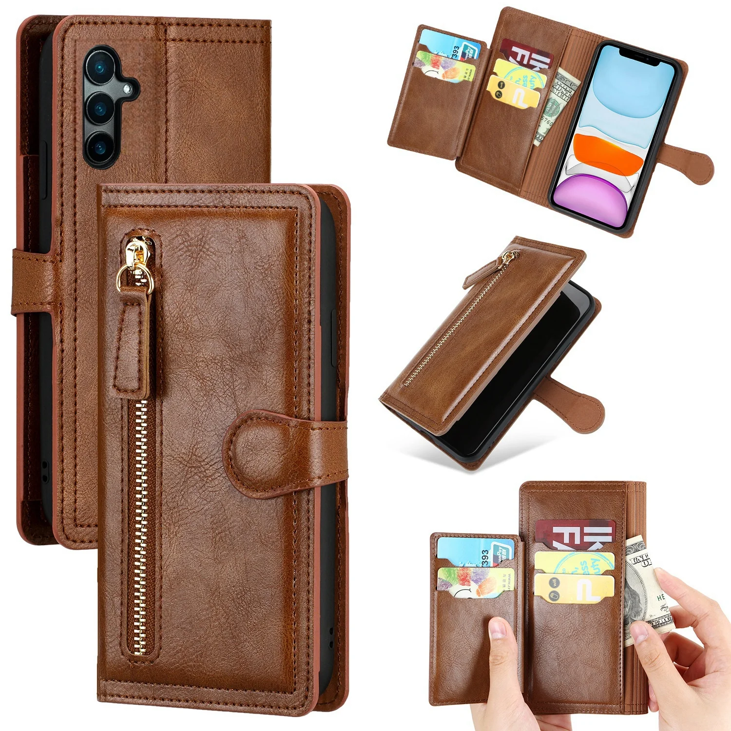Luxury Faux Leather Zipper Wallet Stand Case Cover