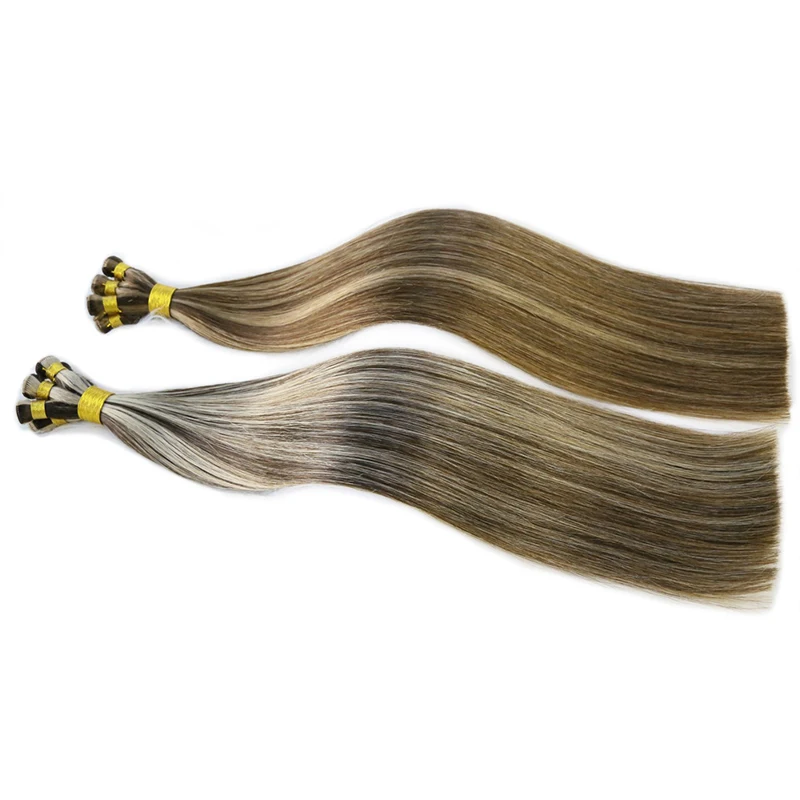 Brazilian Straight Handmade Human Hair Extensions Double Drawn Hand Tied Weft 14