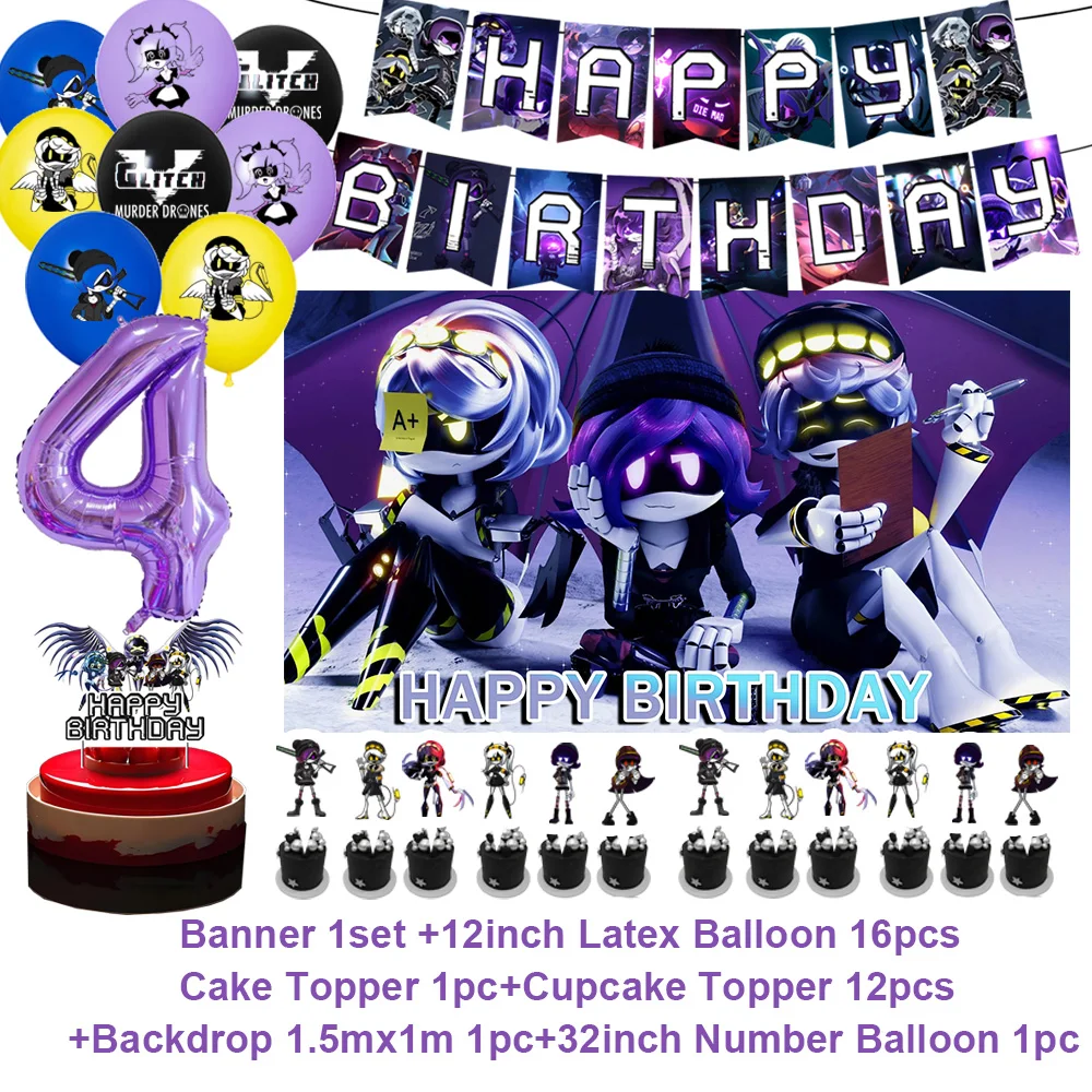 Murdered Drones Themed Birthday Party Decoration Set - Background, Balloons, Banner & Cake Topper
